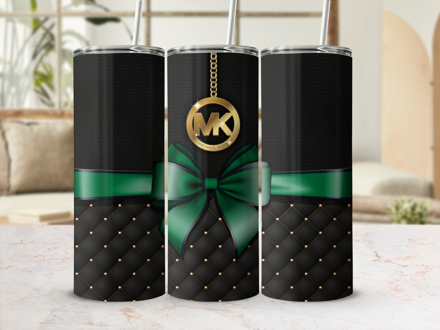 Elegant Black Tumbler with Green Bow and Gold MK Charm