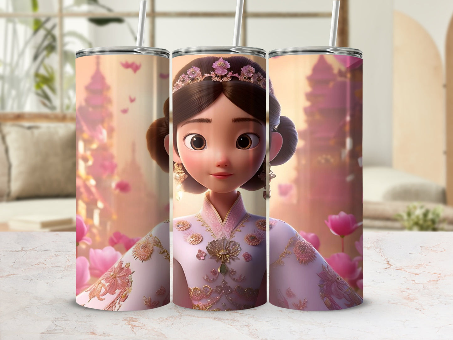 Beautiful Princess Themed Tumbler with Straw Tumbler