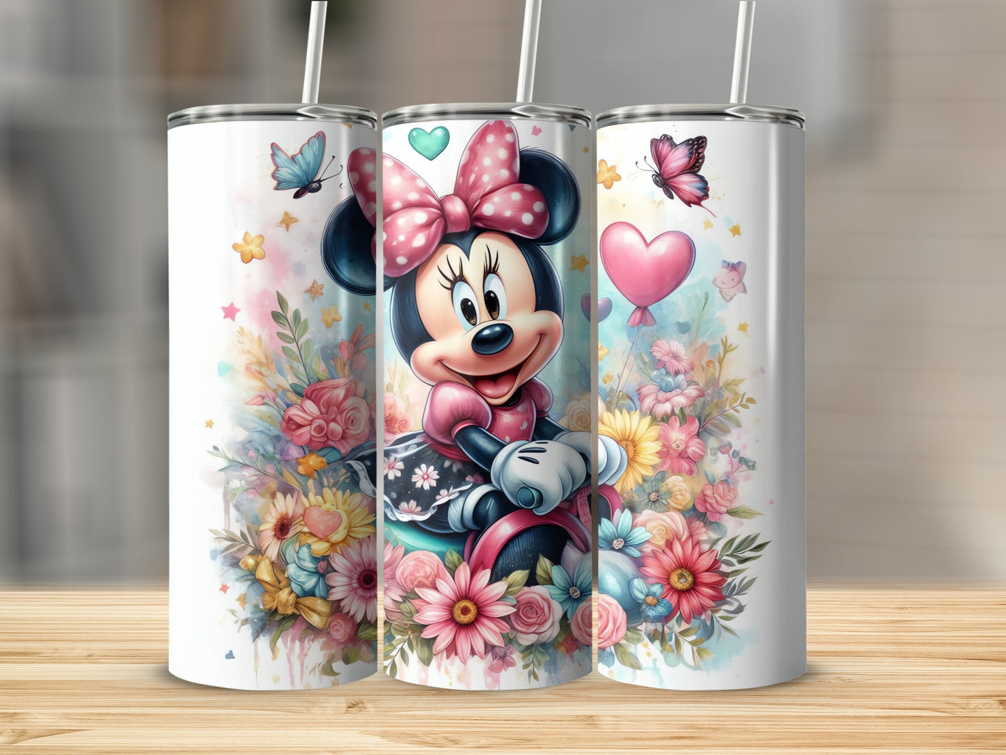 Cute Minnie Mouse and Flowers Design Tumbler Cup