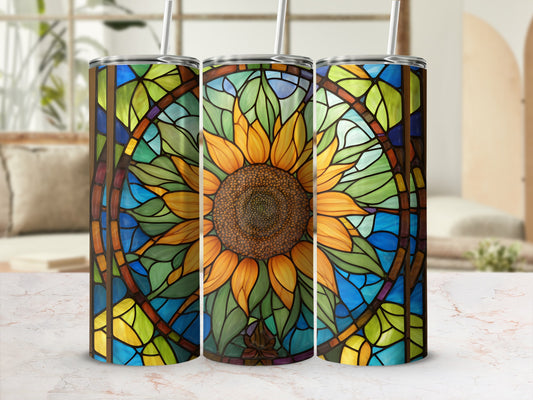 Sunflower stained glass tumbler with straw.