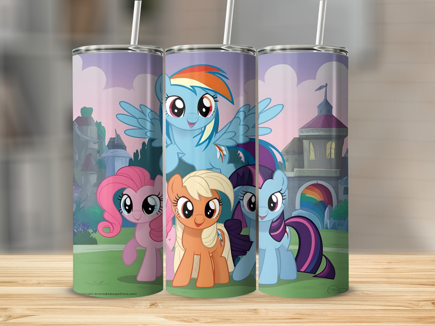 My Little Pony characters Rainbow Dash, Pinkie Pie, Applejack, and Twilight Sparkle on a tumbler.