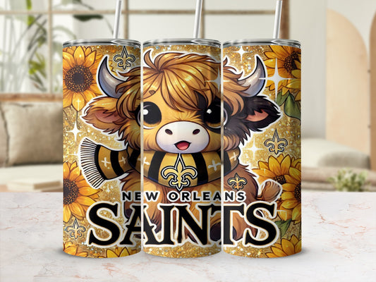 Chibi bull wearing Saints scarf, sunflowers, and "New Orleans Saints" text.