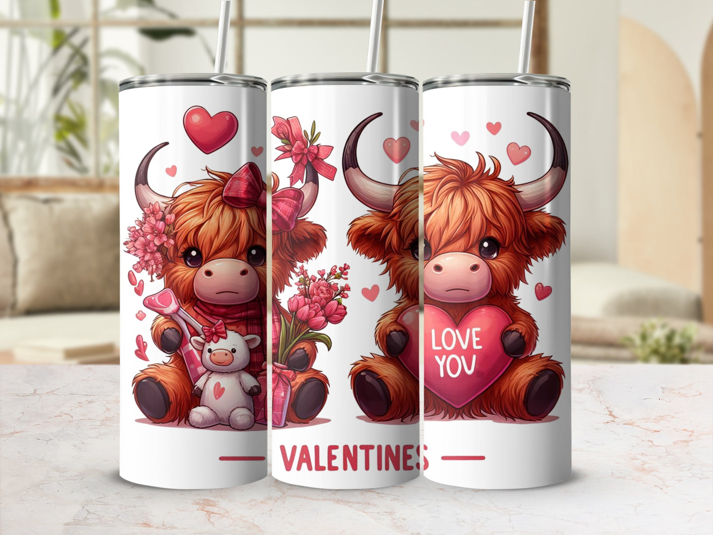 Fluffy cow with Valentine's bouquet and heart, "VALENTINES" text.