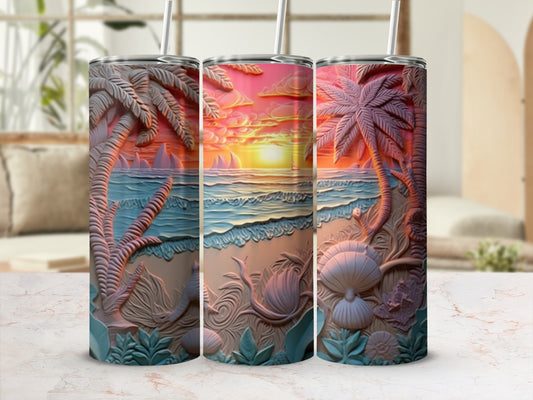 Three tumblers featuring a tropical sunset beach scene with palm trees and shells.