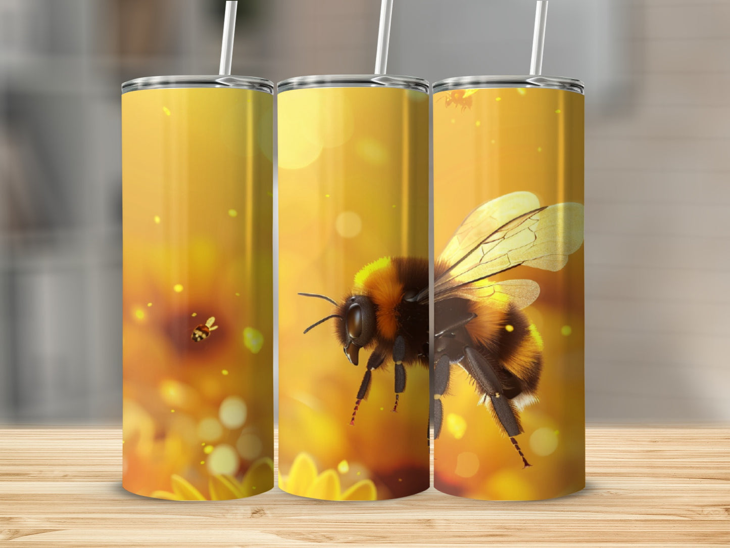 Bumblebee and small bee on a yellow sunflower background on three tumblers.