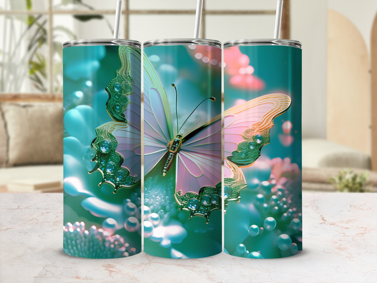 Butterfly tumbler with teal and pink iridescent wings on a floral background.
