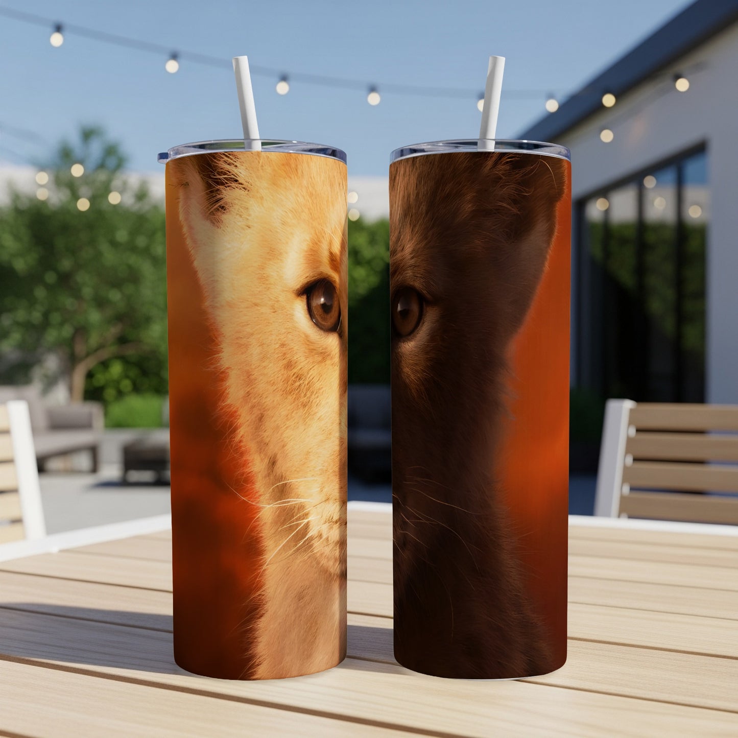 Two tumblers featuring split lion cub faces on a patio table.