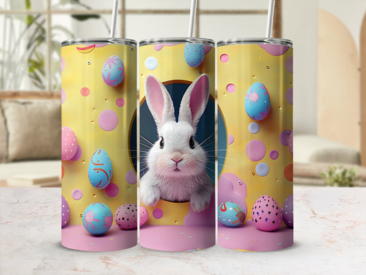 Easter bunny peeking from a yellow circle with decorated eggs.