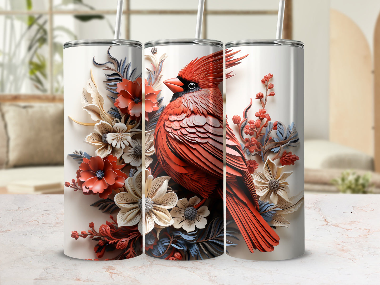 Red cardinal with red and white flowers on a white tumbler.
