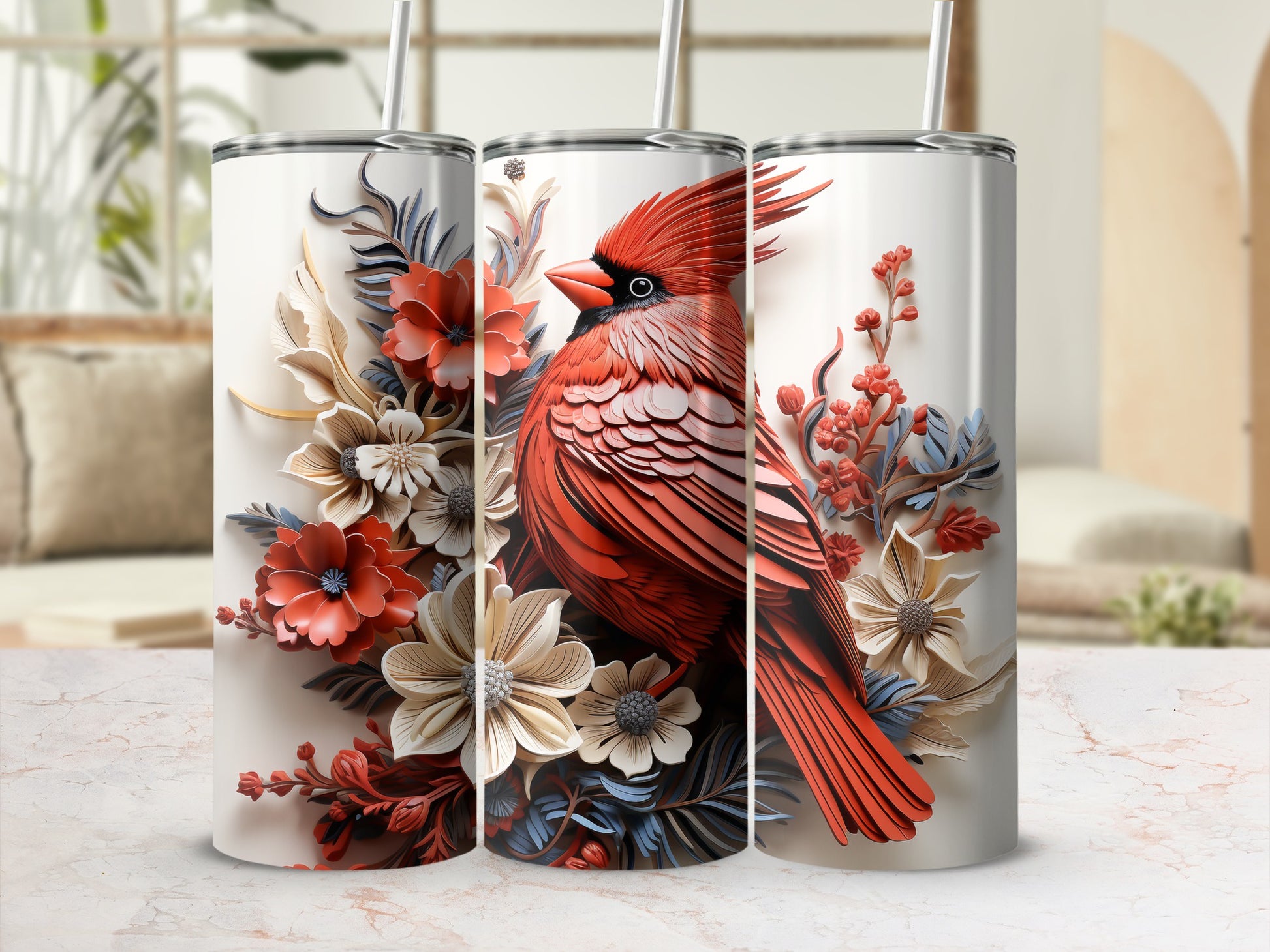 Red cardinal with red and white flowers on a white tumbler.