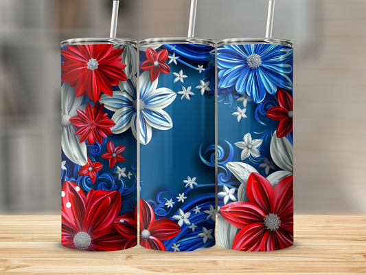 Three patriotic tumblers with red, white, and blue flowers and swirls.