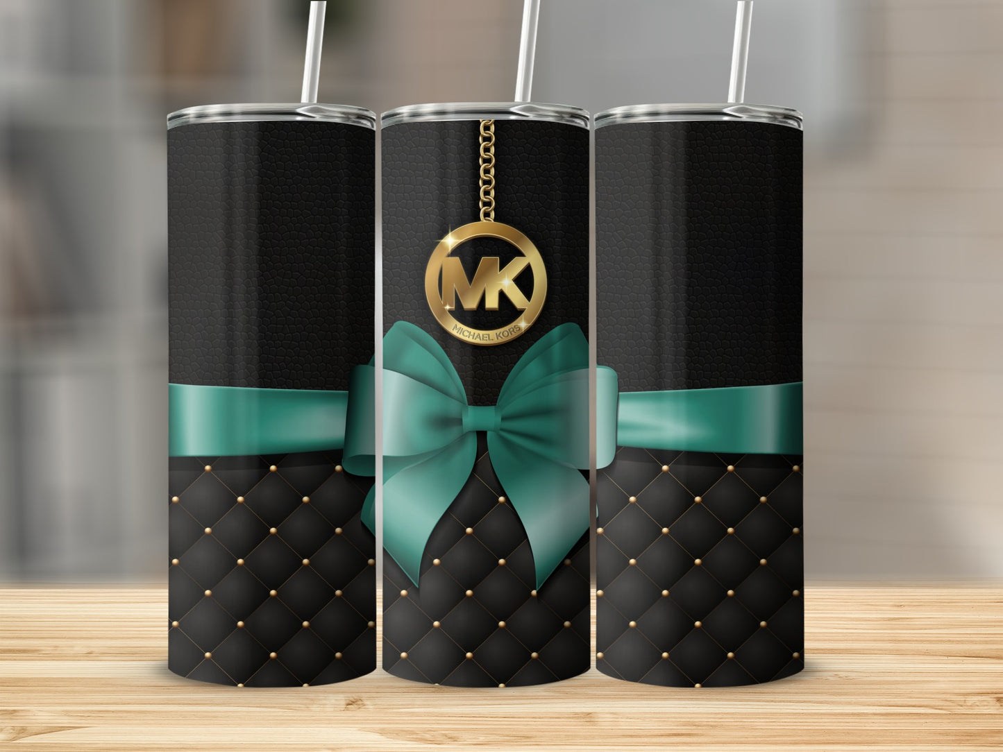 Elegant Black and Teal Quilted Tumbler with Ribbon Design