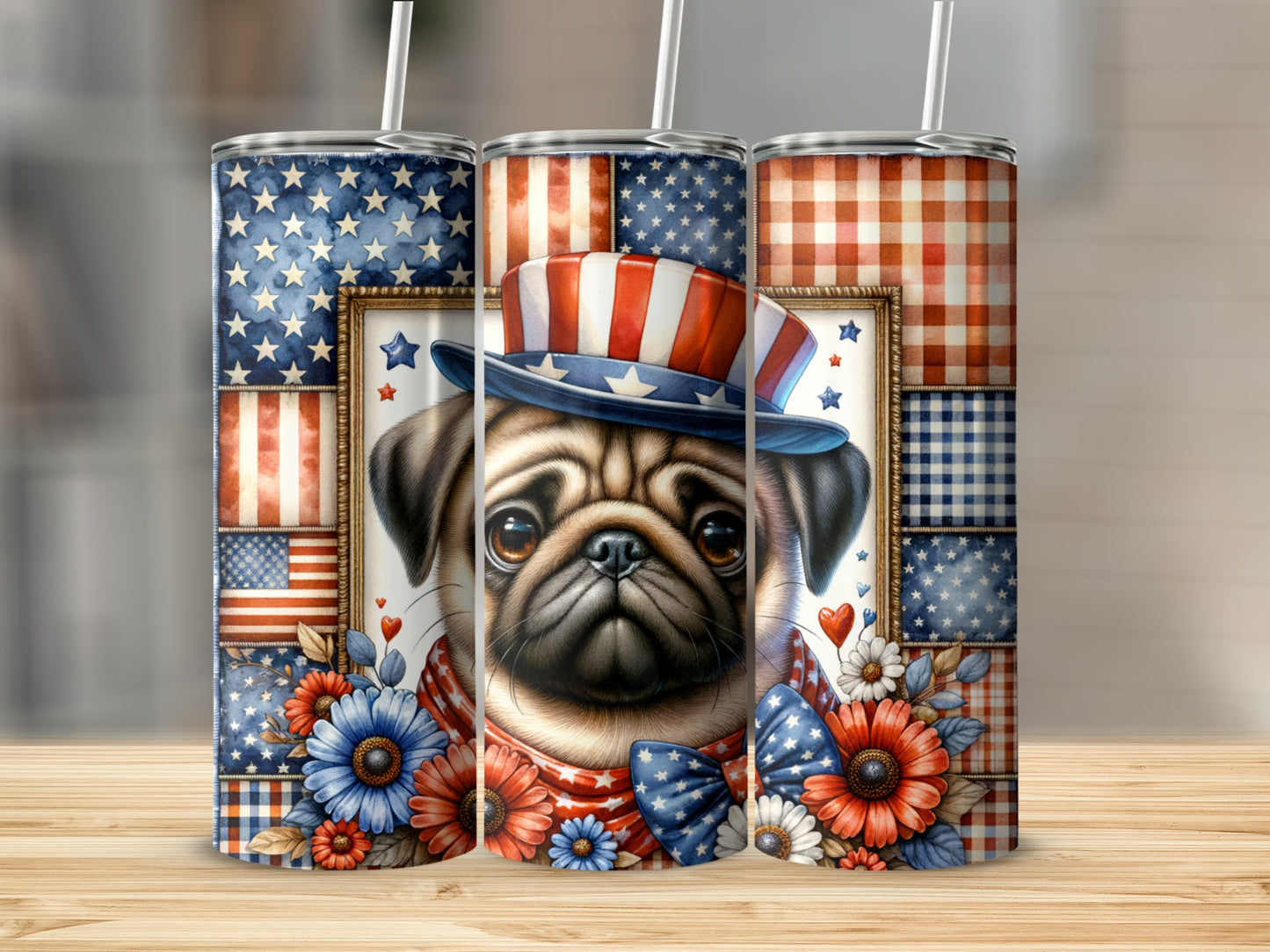 Pug wearing patriotic hat and bow tie, surrounded by floral accents.
