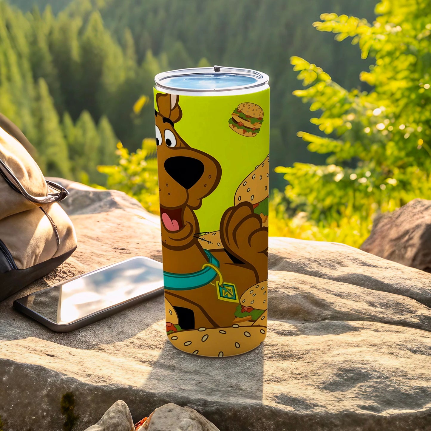 Scooby-Doo character on a tumbler with burgers and a green background.