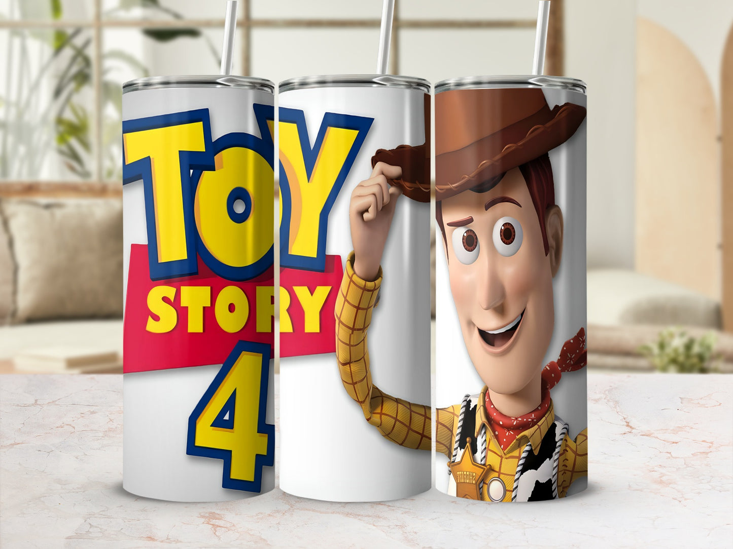 Toy Story 4 Woody tumbler with straw, set against a blurred background.