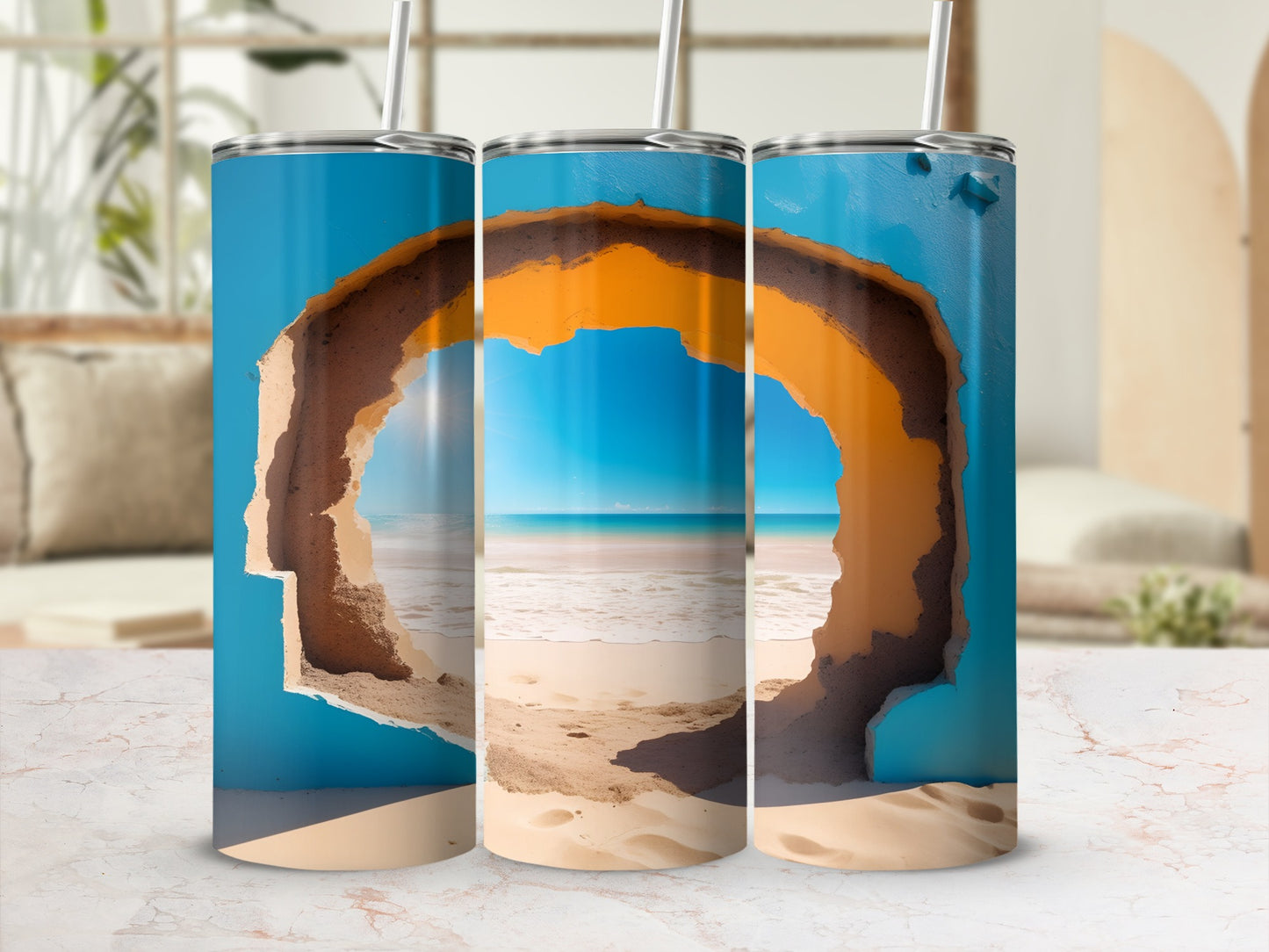 Triptych of tumblers featuring a beach scene through a rough, sandy opening.