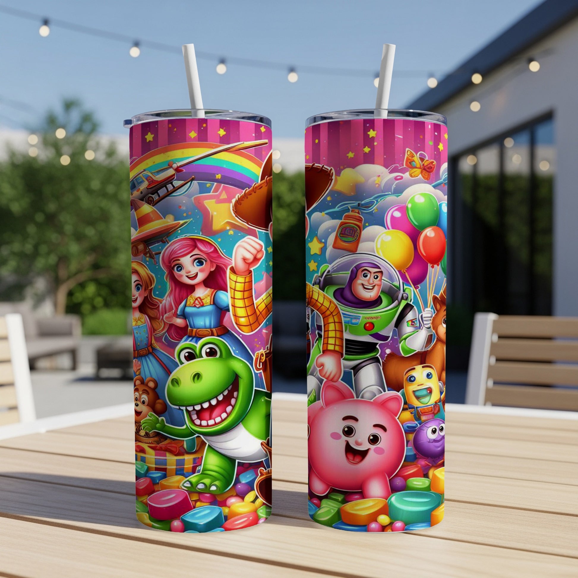 Two tumblers with cartoon characters from Toy Story and other colorful illustrations.