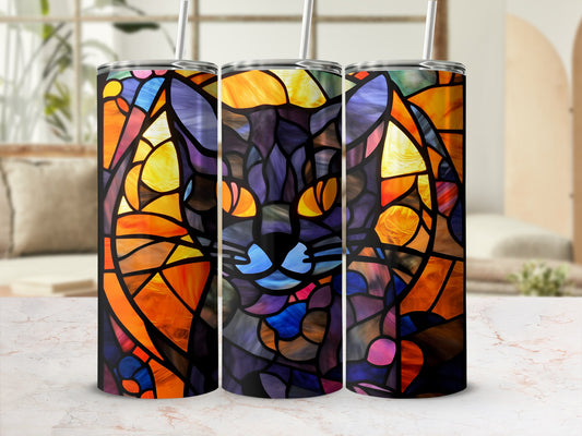Stained glass cat tumbler with colorful geometric patterns.