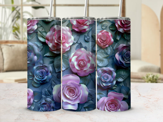 Floral tumbler with pink and purple roses on a textured background.