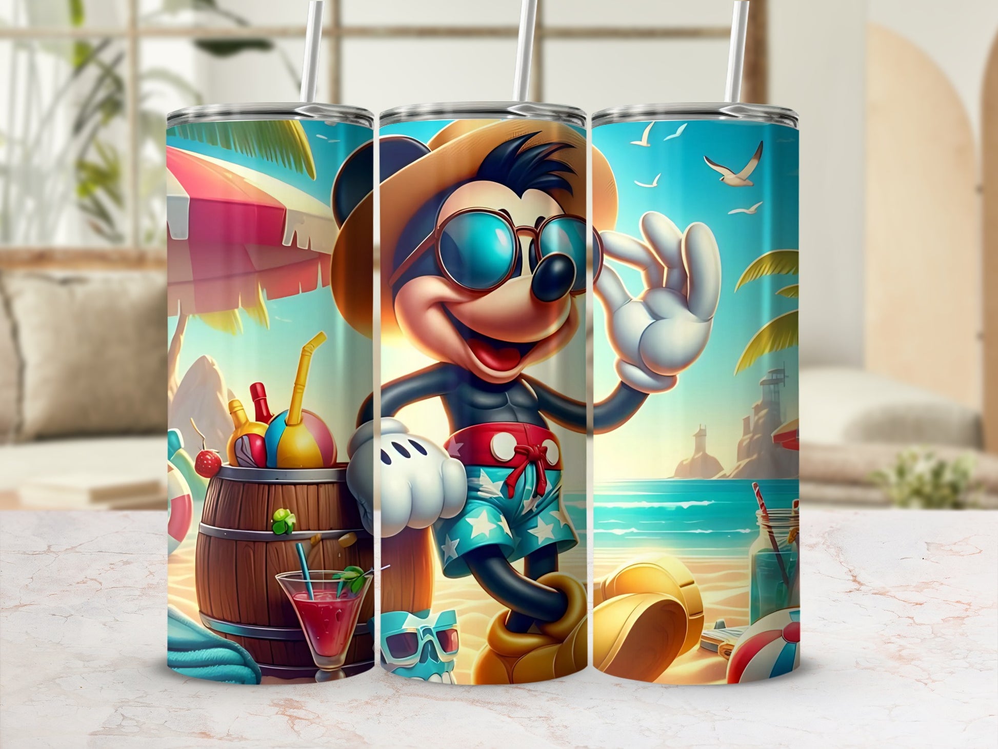 Summer Beach Cartoon Character Tumbler with Straw
