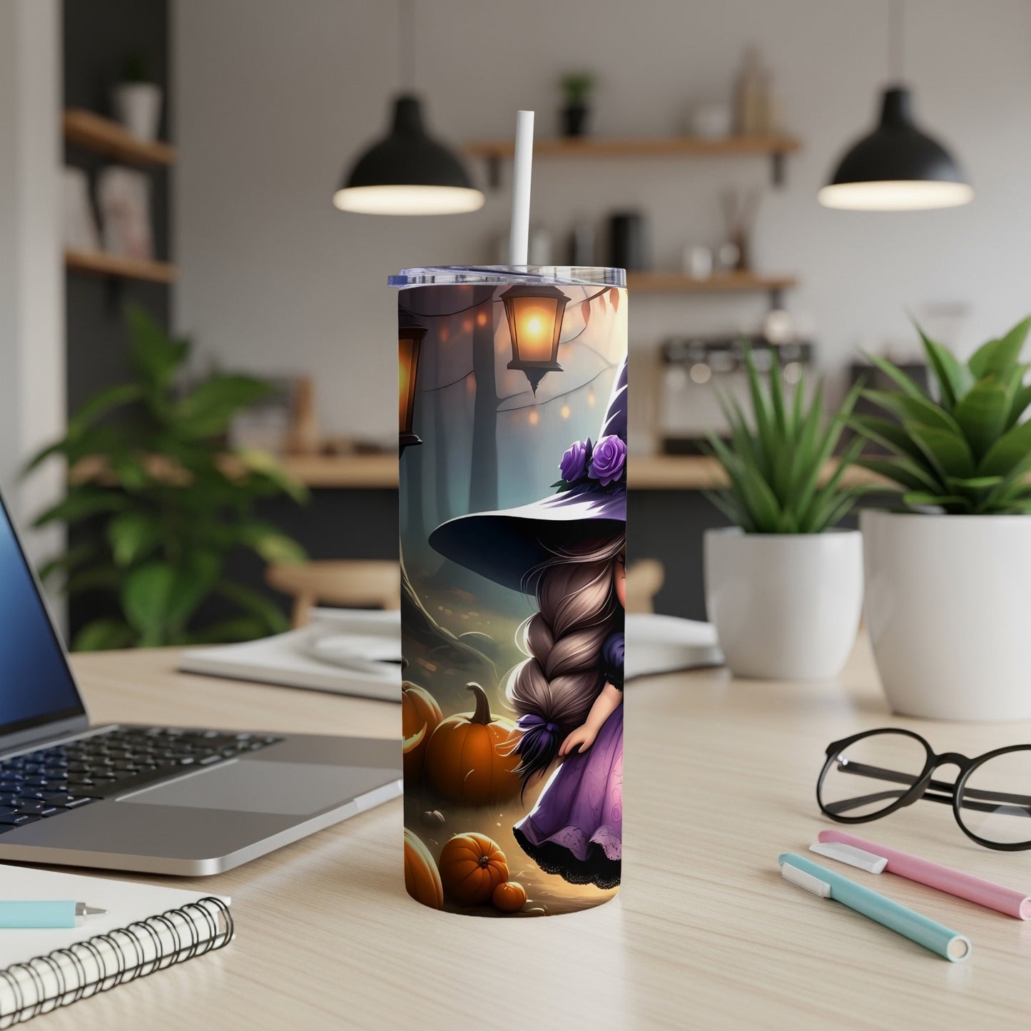 Tumbler with Halloween witch and pumpkins design, straw included.