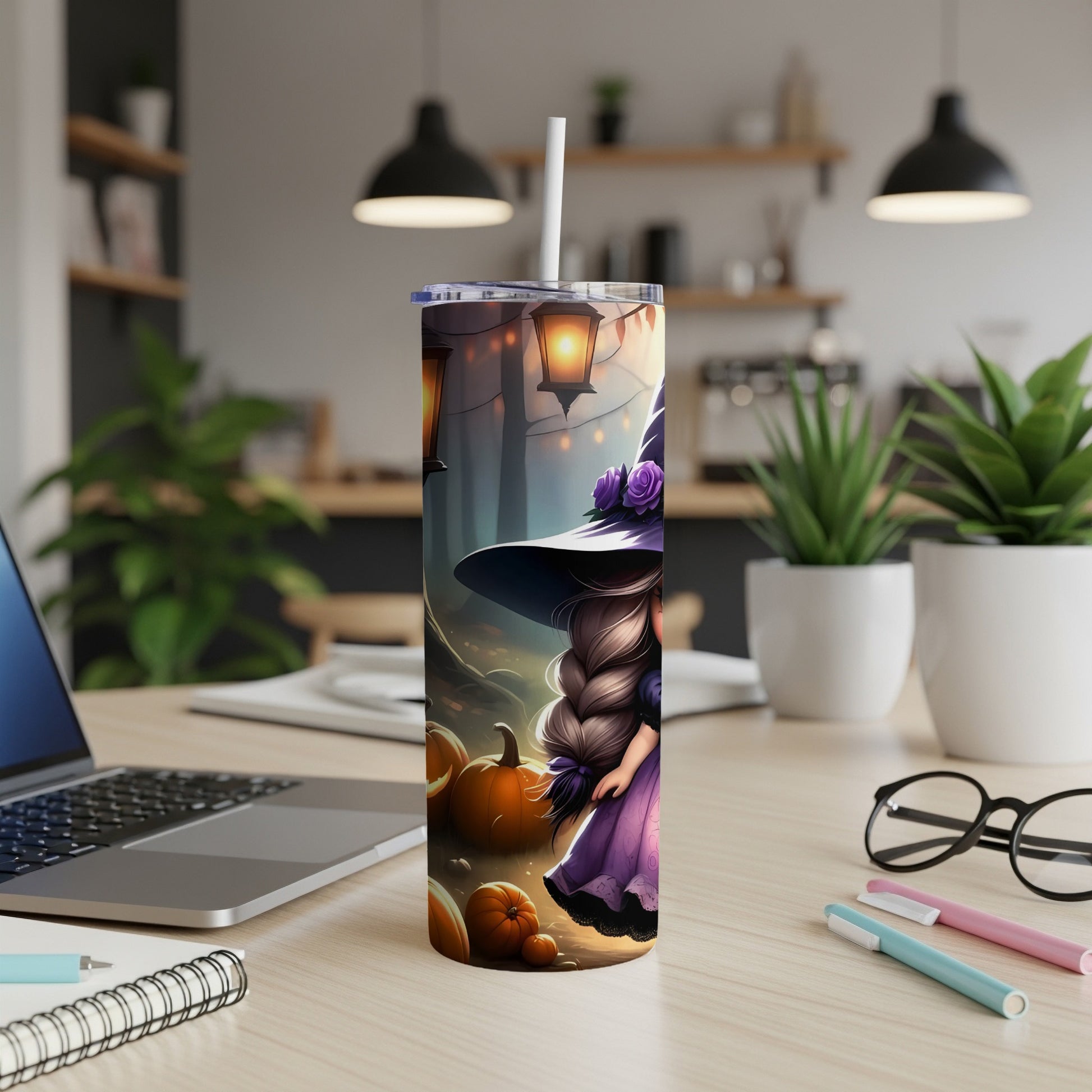 Tumbler with Halloween witch and pumpkins design, straw included.