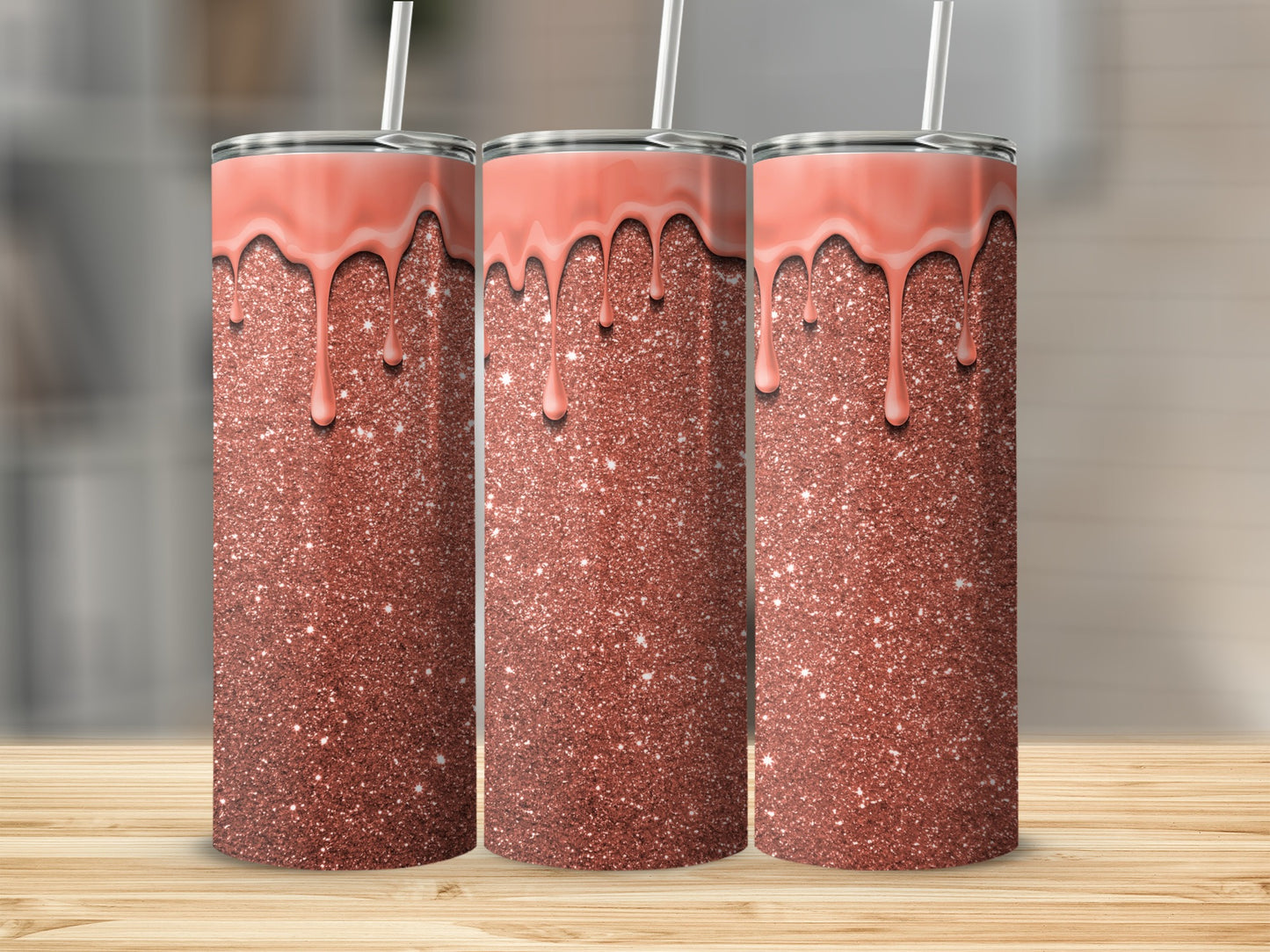 Sparkling Rose Gold Glitter Tumbler with Glossy Drip Finish