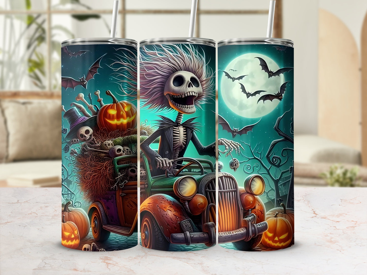 Skeleton driving a car, jack-o-lanterns, bats, and skulls on a Halloween-themed tumbler.