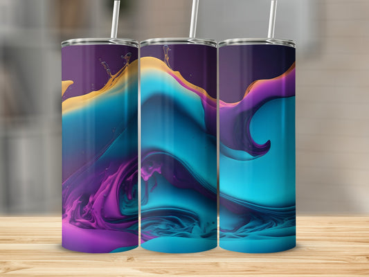 Three tumblers with abstract colorful wave designs.