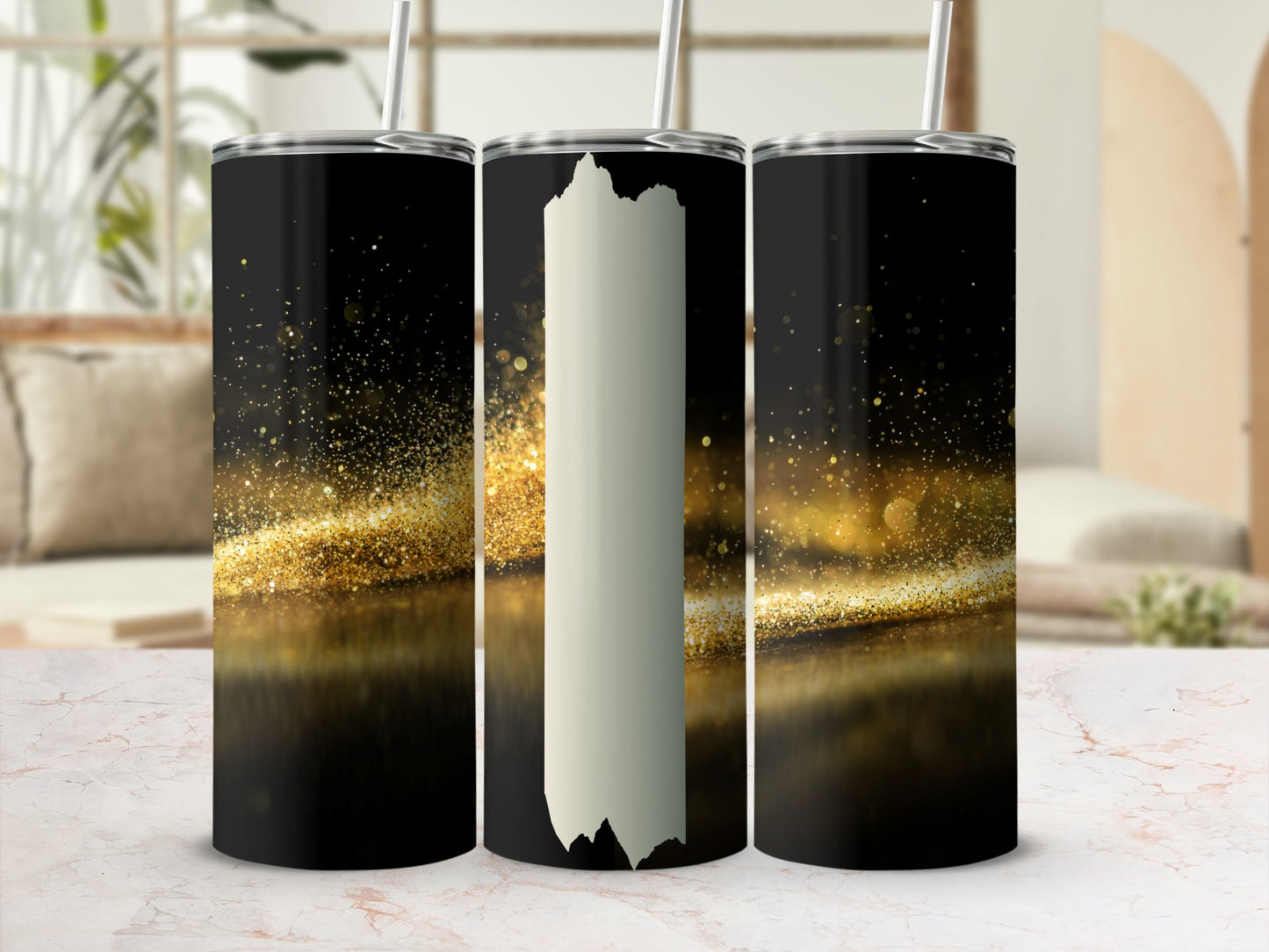 Black tumbler with gold glitter, front and side views.