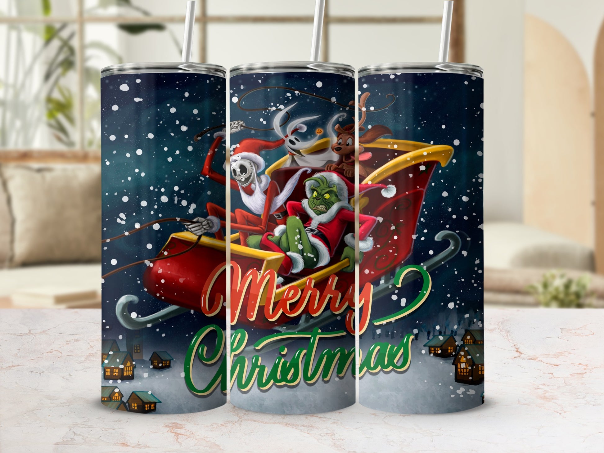 The Grinch, Santa, and Max ride a sleigh with a Merry Christmas design.