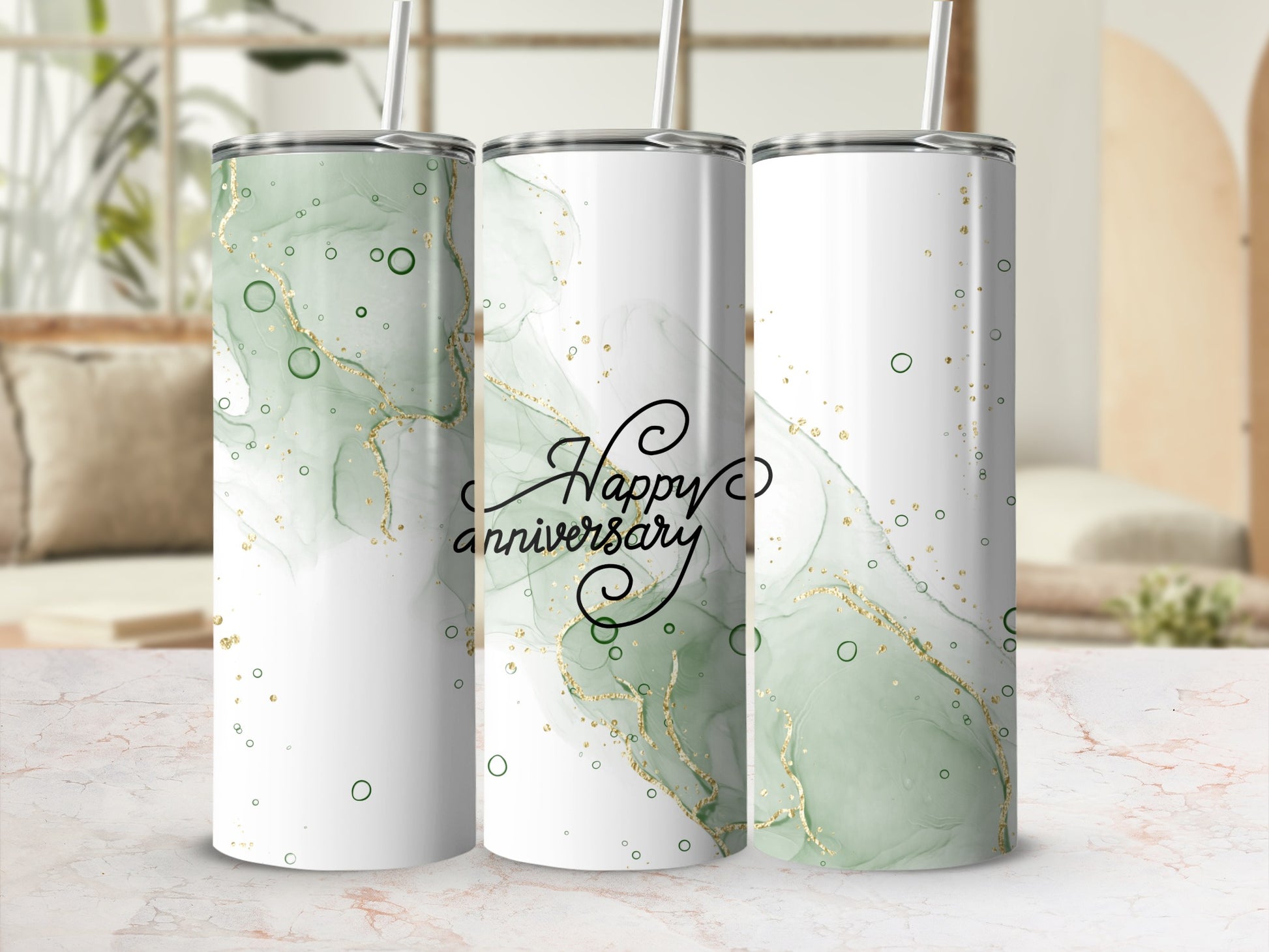 Green and gold abstract marble pattern tumbler with "Happy anniversary" text.
