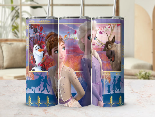 Frozen characters Anna, Elsa, and Sven on a decorative tumbler.