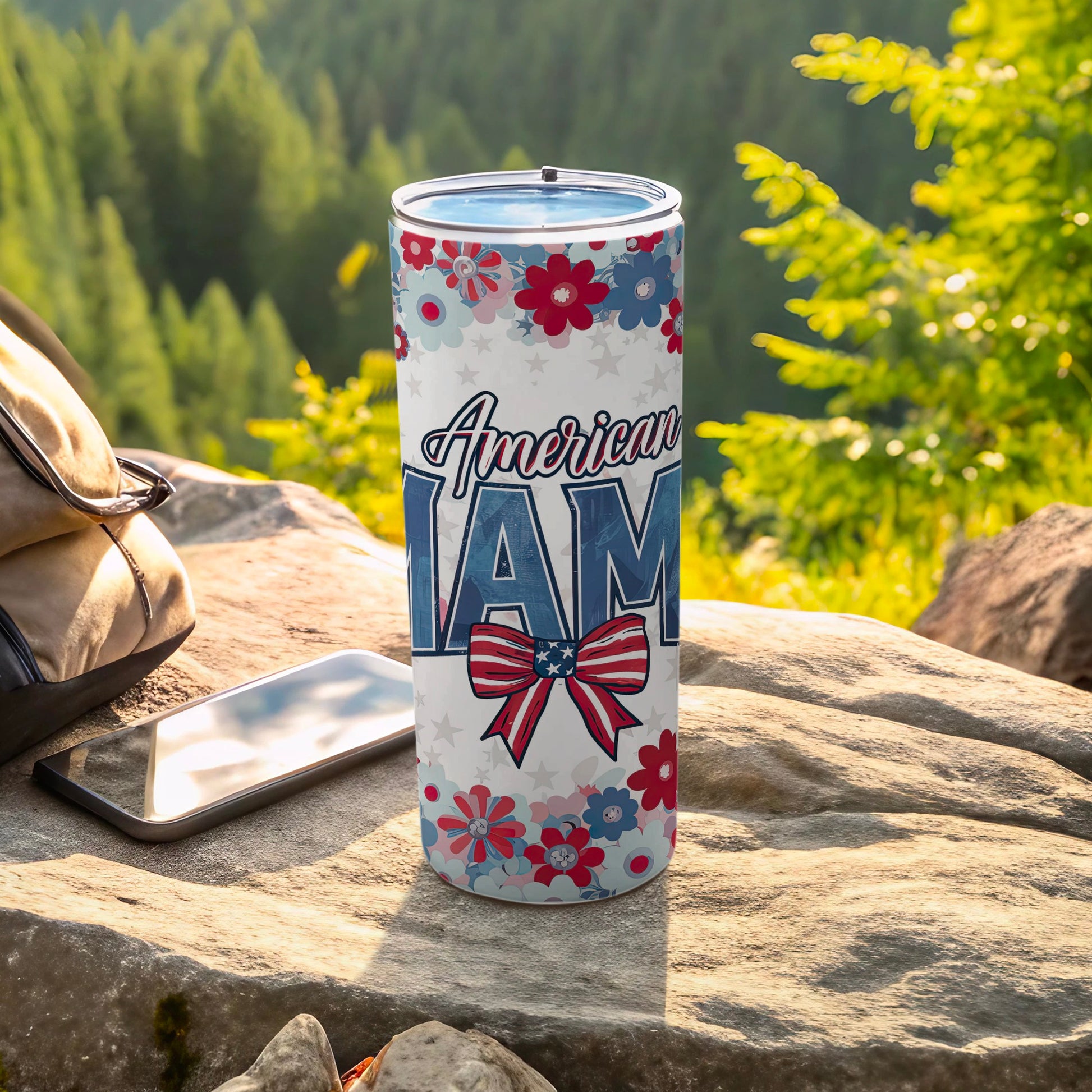 American flag pattern tumbler with "American I Am" text.