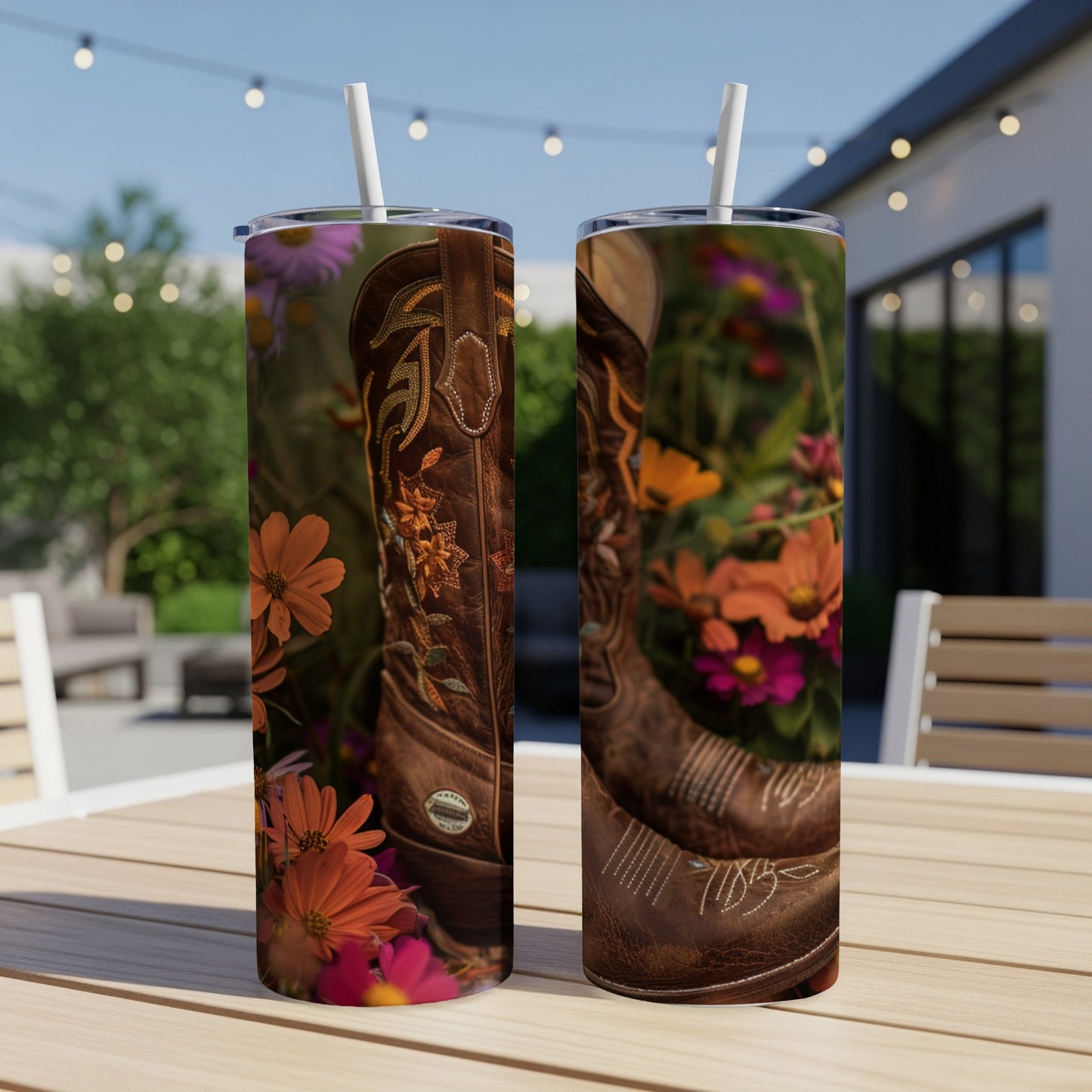 Brown cowboy boots with floral embroidery on a patterned tumbler.