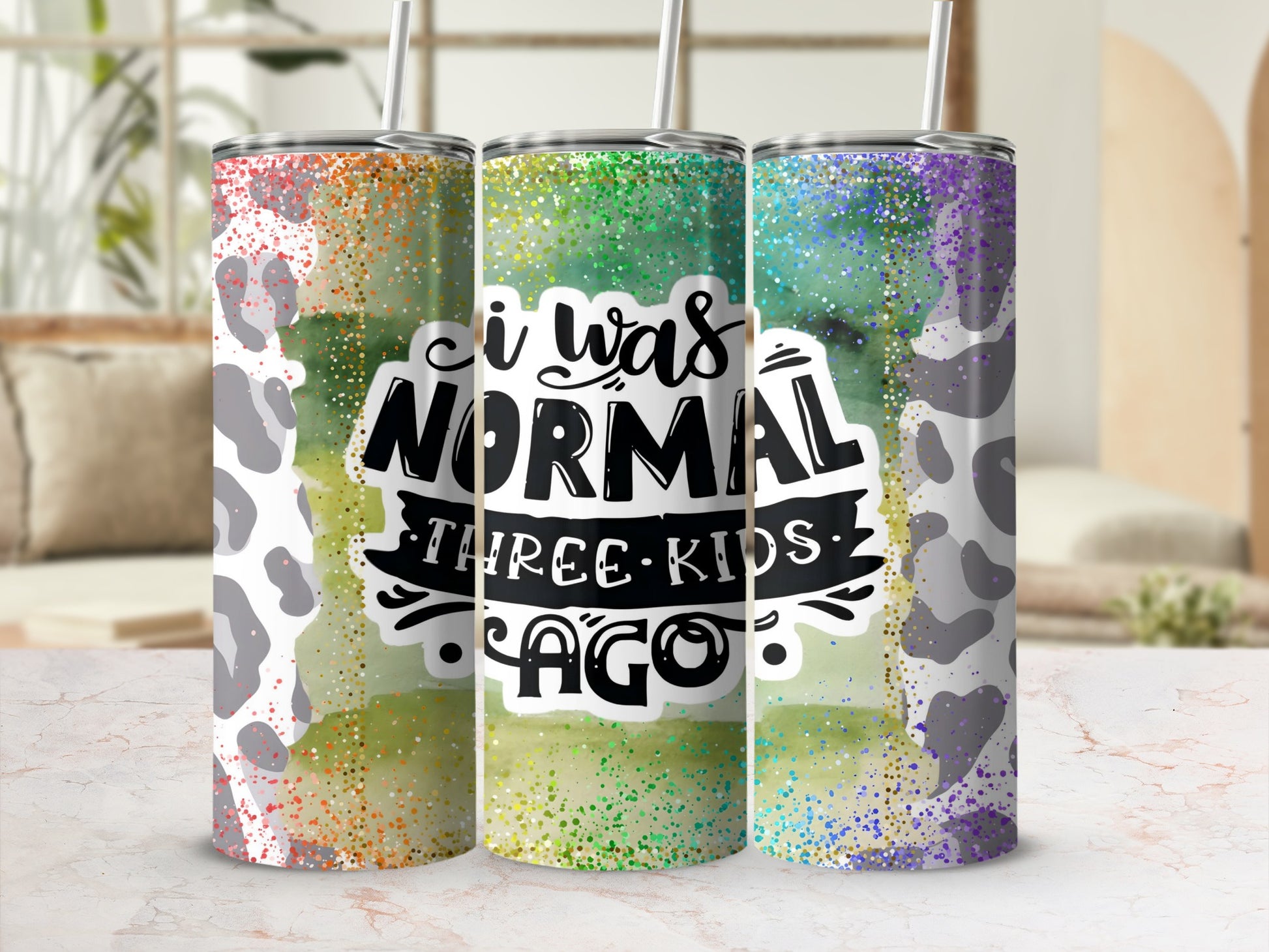 I Was Normal Three Kids Ago Glitter Design Tumbler