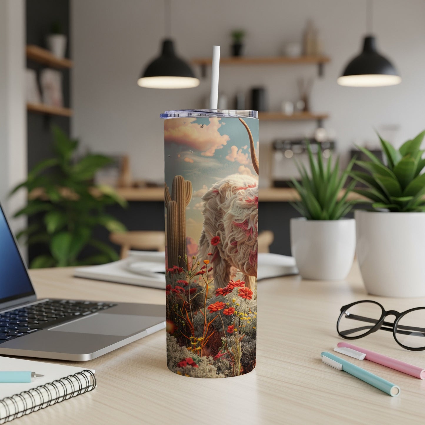 Highland cow and wildflowers on a tumbler.