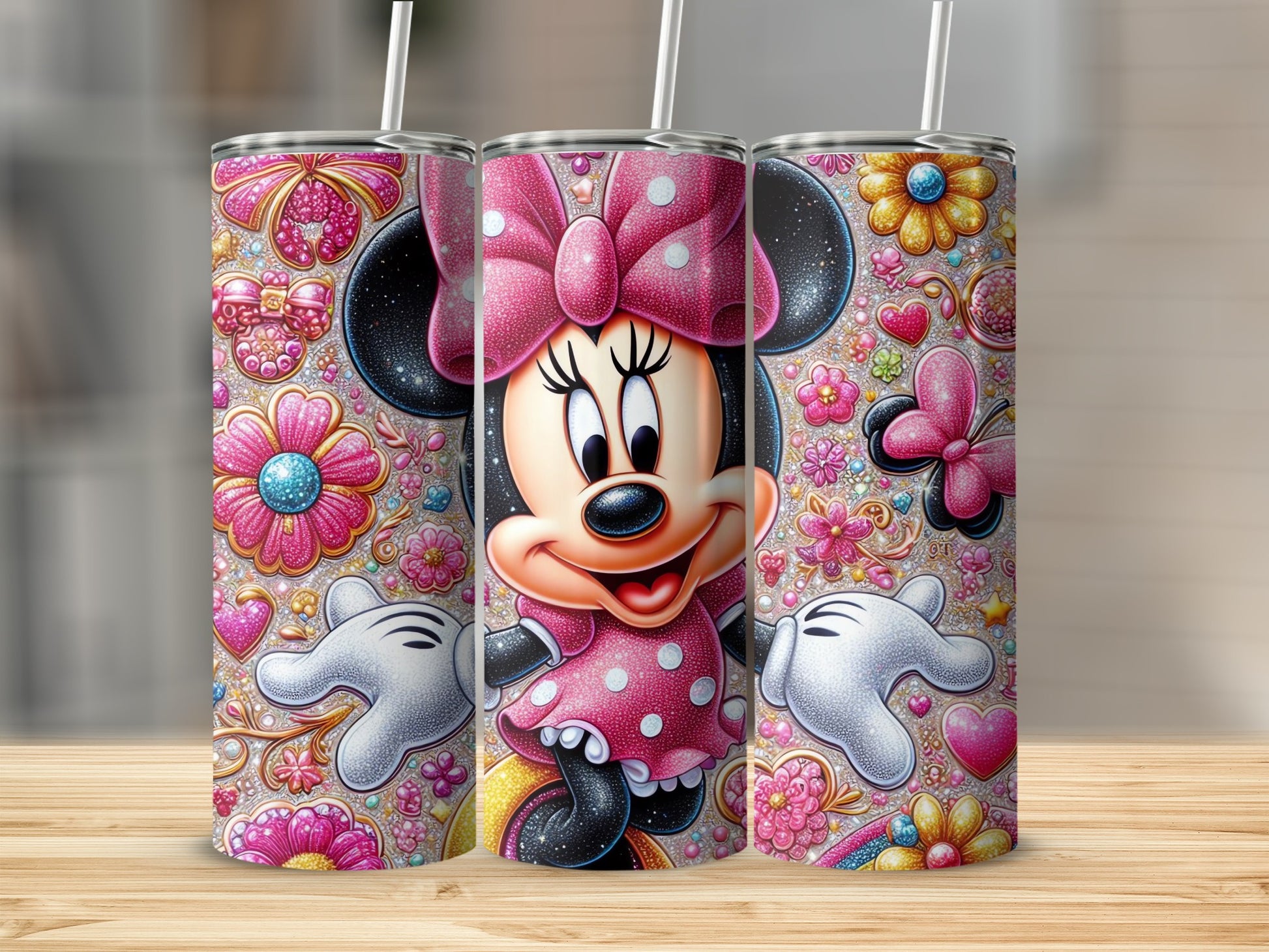Glitter Minnie Mouse Floral Themed Tumbler Cup