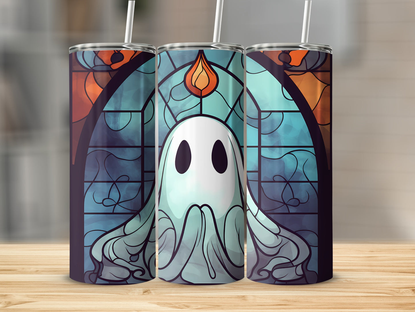 Ghost with stained glass design and flame motif on tumblers.