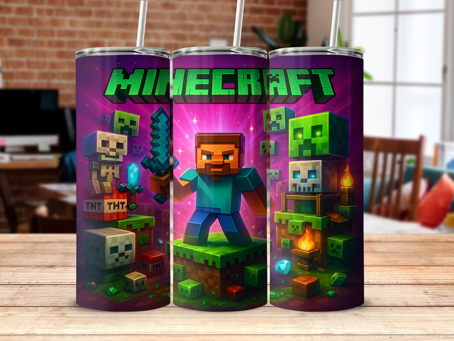 Minecraft Themed Tumbler with Colorful Pixel Art