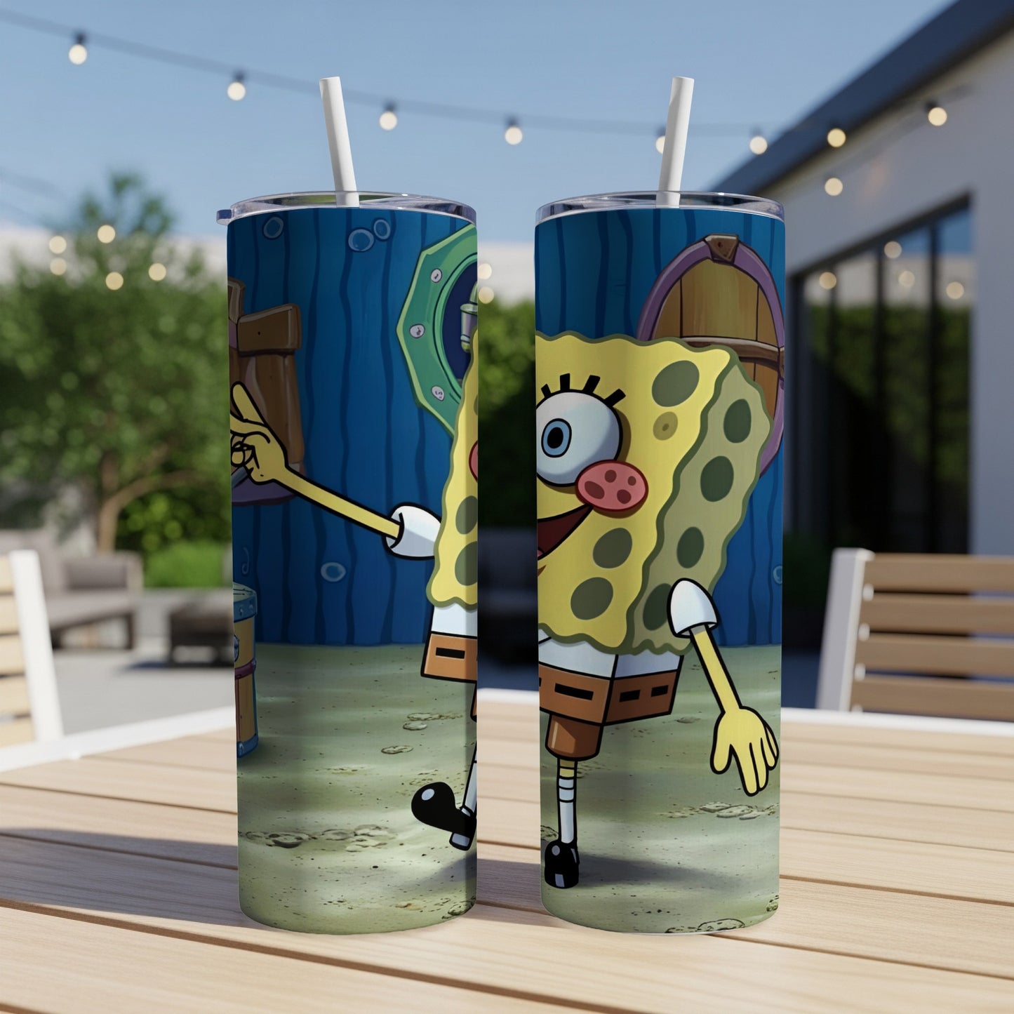 SpongeBob SquarePants on a tumbler, pointing with a straw.
