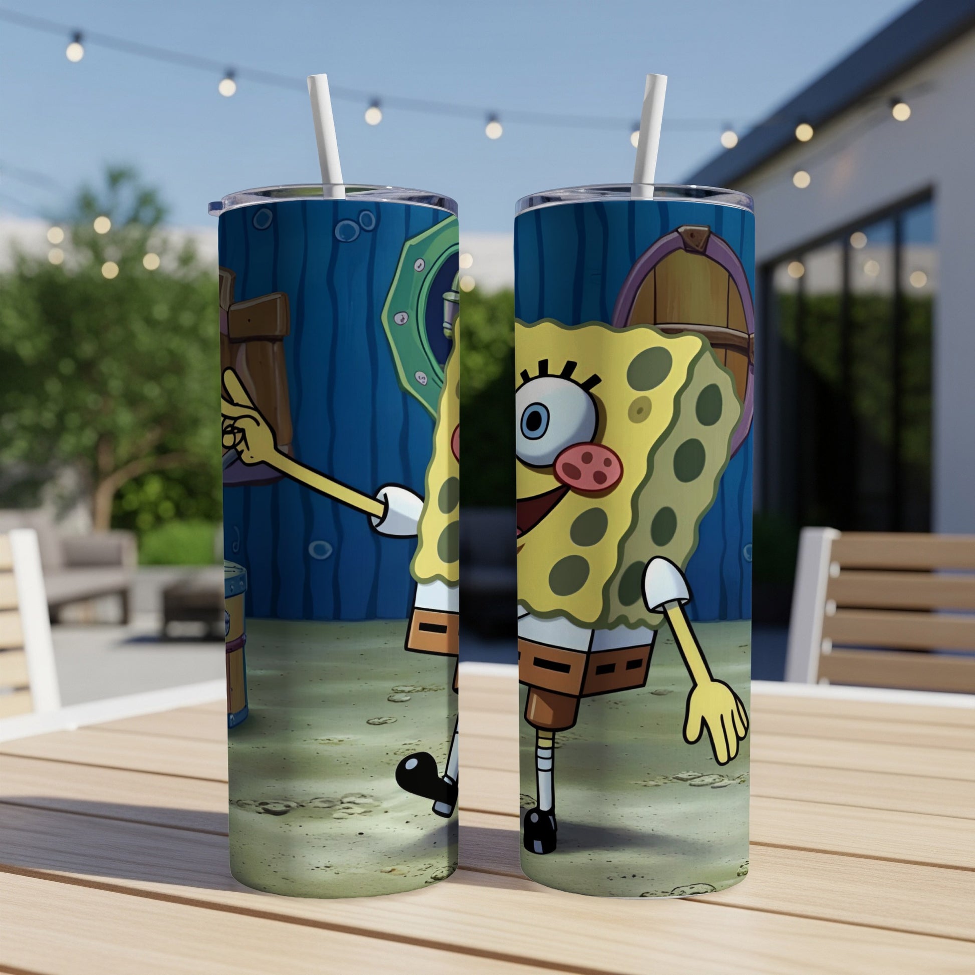 SpongeBob SquarePants on a tumbler, pointing with a straw.