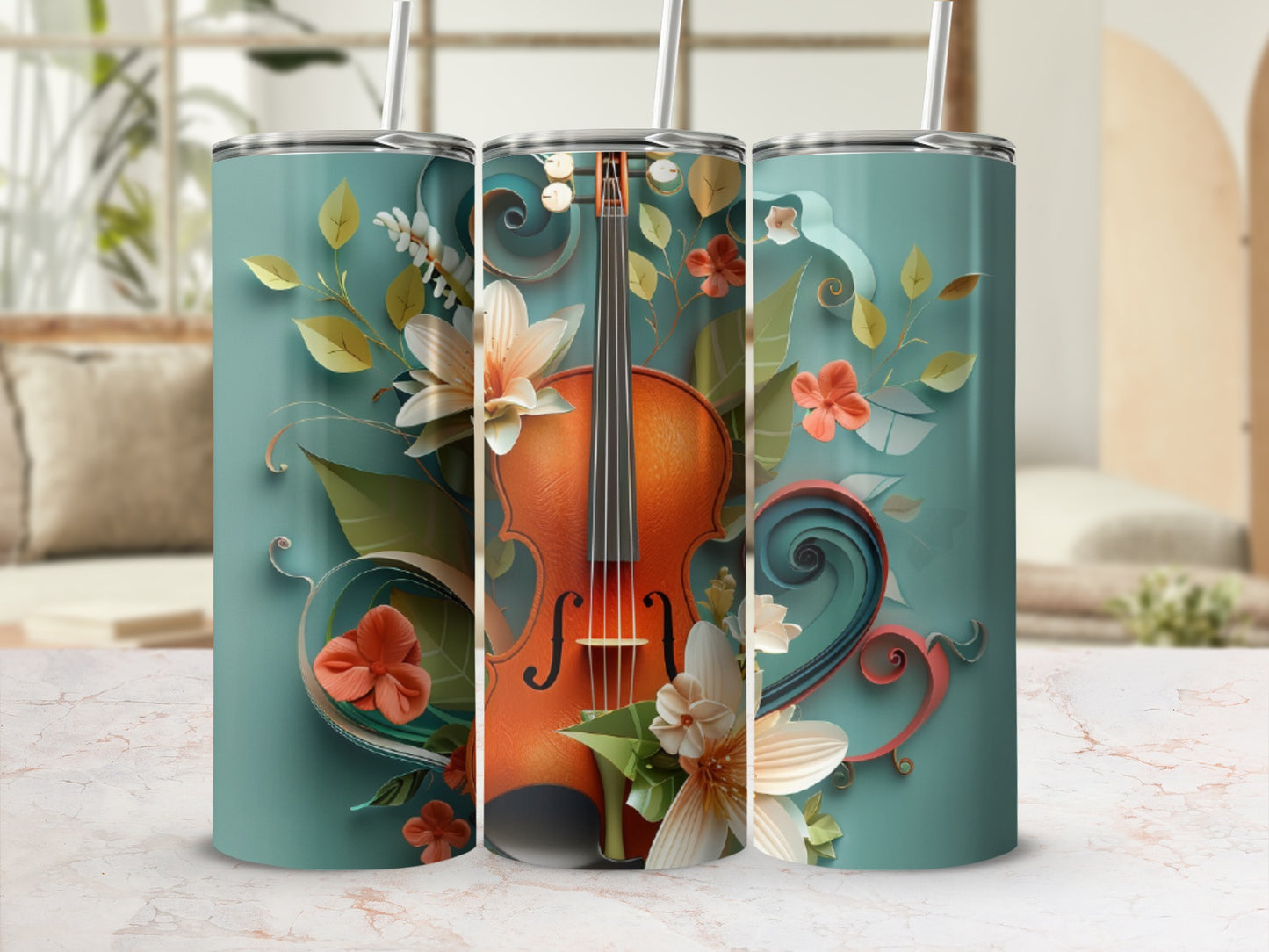 Violin with flowers and leaves on teal tumbler.