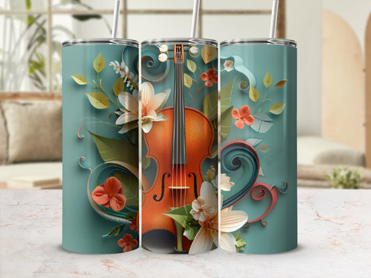 Violin with flowers and leaves on teal tumbler.