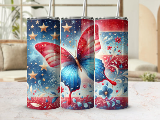Patriotic butterfly and stars design on three tumblers.