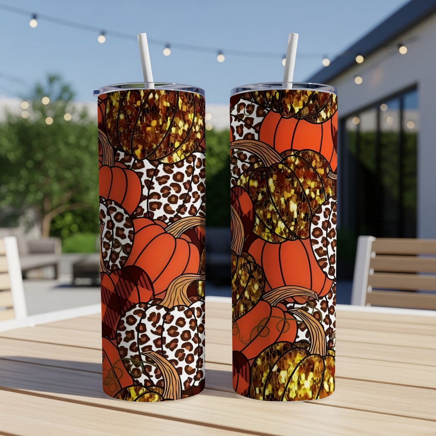 Two tall tumblers with pumpkin, leopard, and glitter patterns.