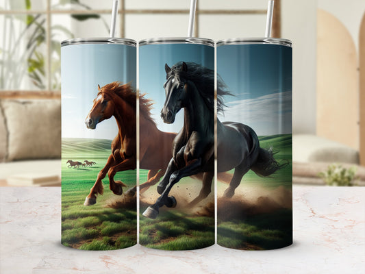 Three tumblers with horse illustrations in a grassy field.