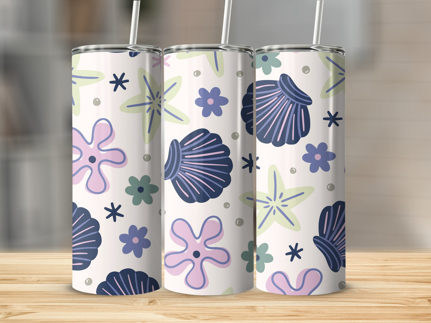 Floral and Seashell Patterned Drinkware Tumblers