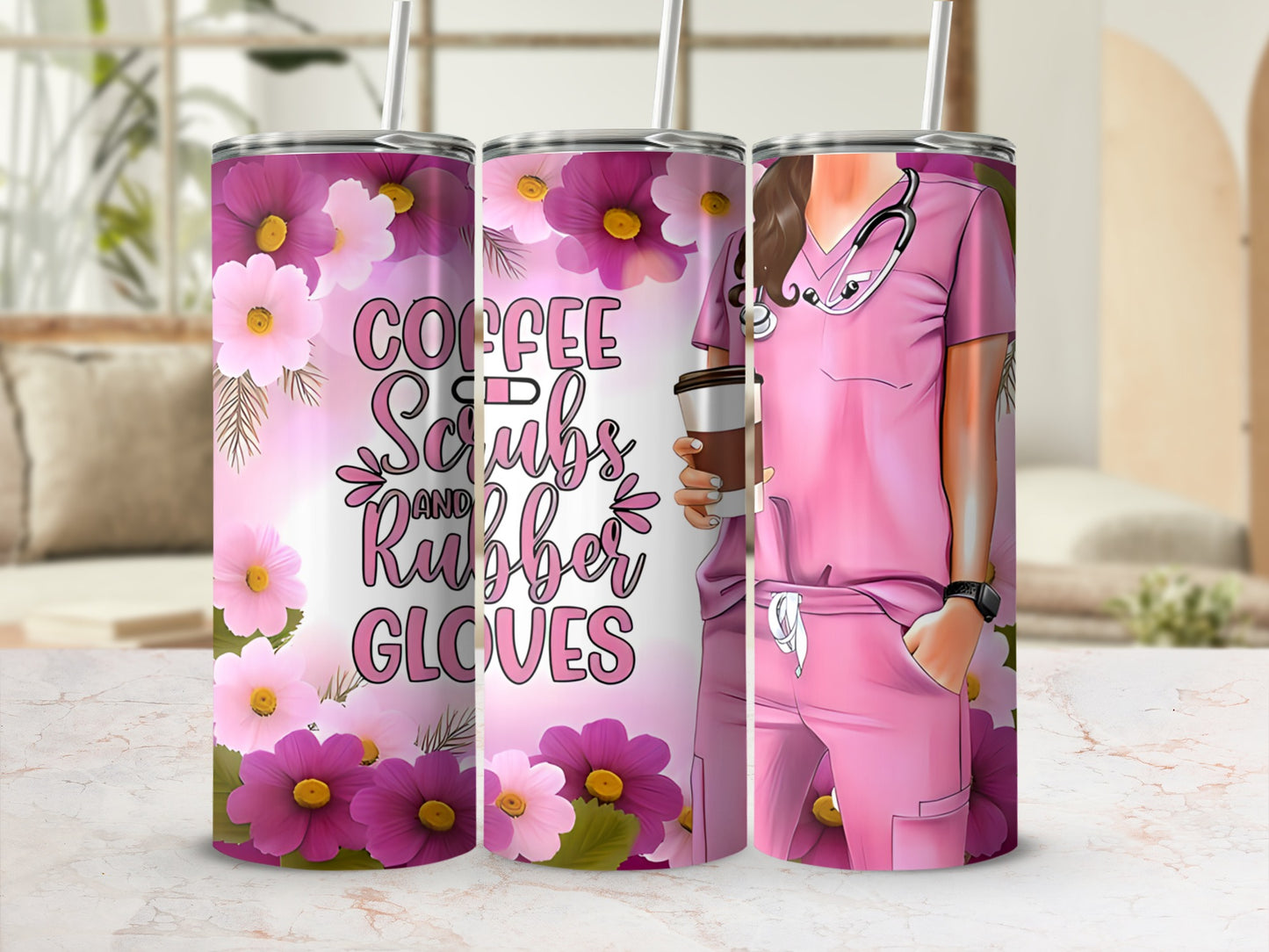 Pink scrubs and flowers design on three tumblers, one with stethoscope.