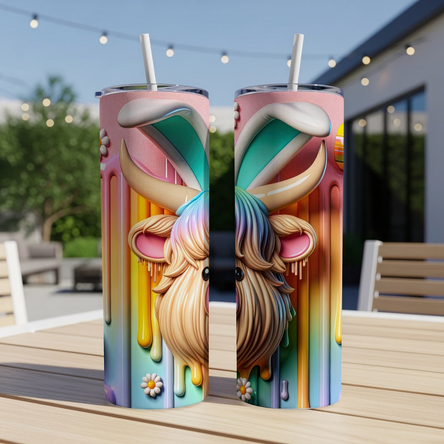 Two Highland cows with bunny ears and colorful drippy paint design.